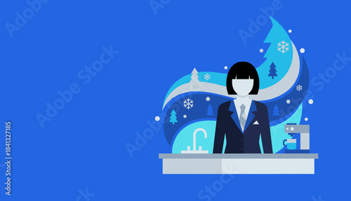 Corporate professional at a winter coffee station Seasonal business illustration template