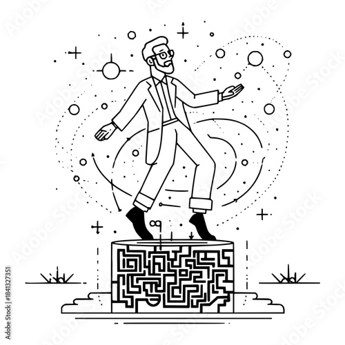 Navigating life's maze: a journey of balance and cosmic exploration depicted in line art