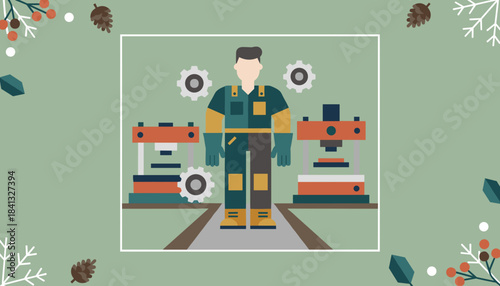 Industrial worker with machinery in winter holiday border Manufacturing career concept illustration