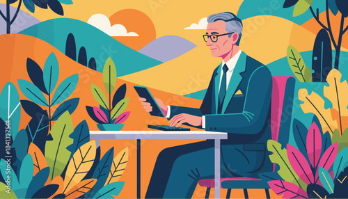 Stylish senior man calculates finances outdoors with tablet amidst colorful tropical foliage