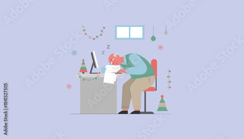 Holiday work burnout Tired elderly man sleeping at his desk amid Christmas decorations