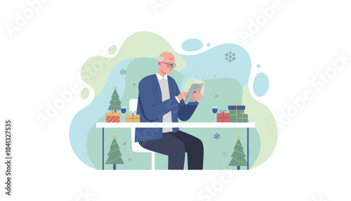 Elderly man using tablet among Christmas gifts celebrating holidays and technology concept