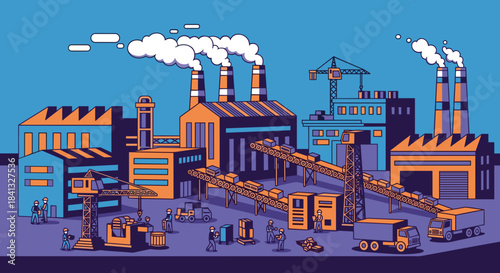 Busy factory production and logistics infrastructure Stylized industry illustration
