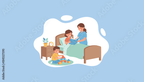Caring nurse reads book to hospitalized girl brother plays nearby Pediatric care and support