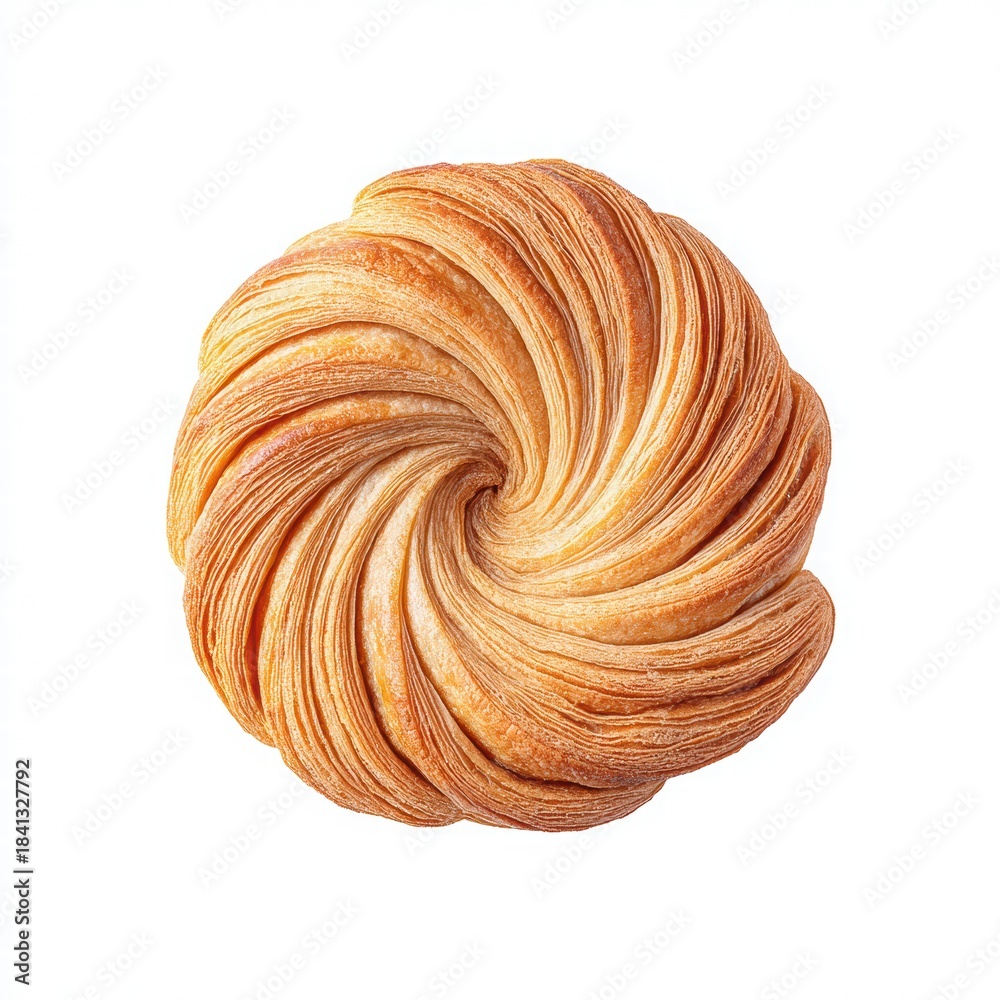 Fototapeta premium Swirled Croissant Pastry with Golden Brown Crisp Layers on White Background