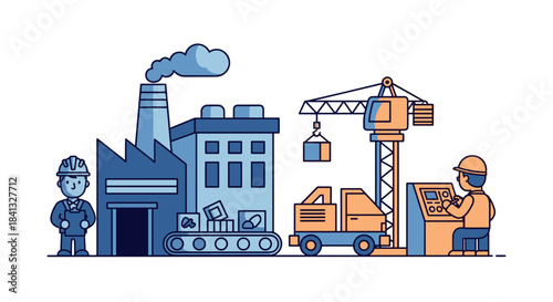 Industrial factory construction crane workers and production line Manufacturing process illustration