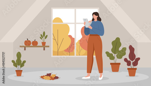 Cozy woman uses a tablet in an attic room decorated for fall with pumpkins and plants