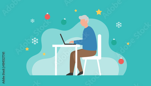 Illustration of a senior man teleworking on a laptop surrounded by Christmas ornaments and stars