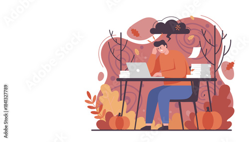 Stressed worker experiencing autumn burnout and deadline pressure in an office illustration