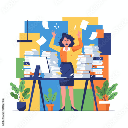 Overwhelmed woman screaming at her office desk surrounded by excessive stacks of paper and files