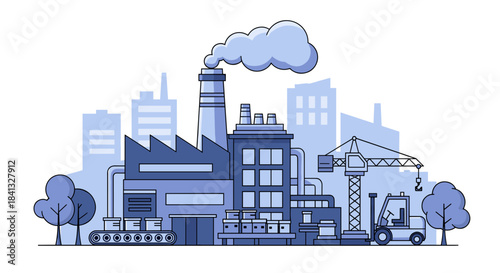 Industrial factory illustration with logistics crane and city skyline Production concept