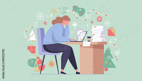 Stressed woman working on a laptop during the holidays surrounded by Christmas decorations and office overload