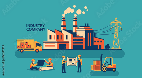 Industrial complex illustration manufacturing logistics workers and power supply