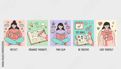 Selfcare routine illustrations reflect organize find calm create and love yourself for mental wellness