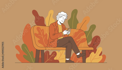 Happy senior citizen checking smartphone on a park bench surrounded by colorful autumn leaves
