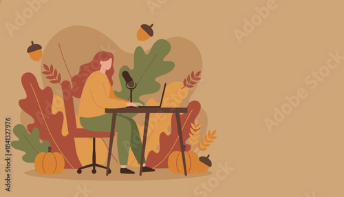 Fall podcasting Woman recording audio or working remotely surrounded by autumn decor