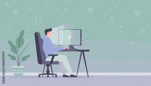 Relaxed person works or streams video on PC at home desk in a cozy winter setting