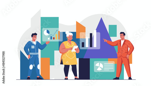 Business team analyzing financial data and charts Data visualization and analytics illustration