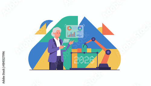 Senior executive uses holographic screen to analyze 2026 data trends and robotic automation