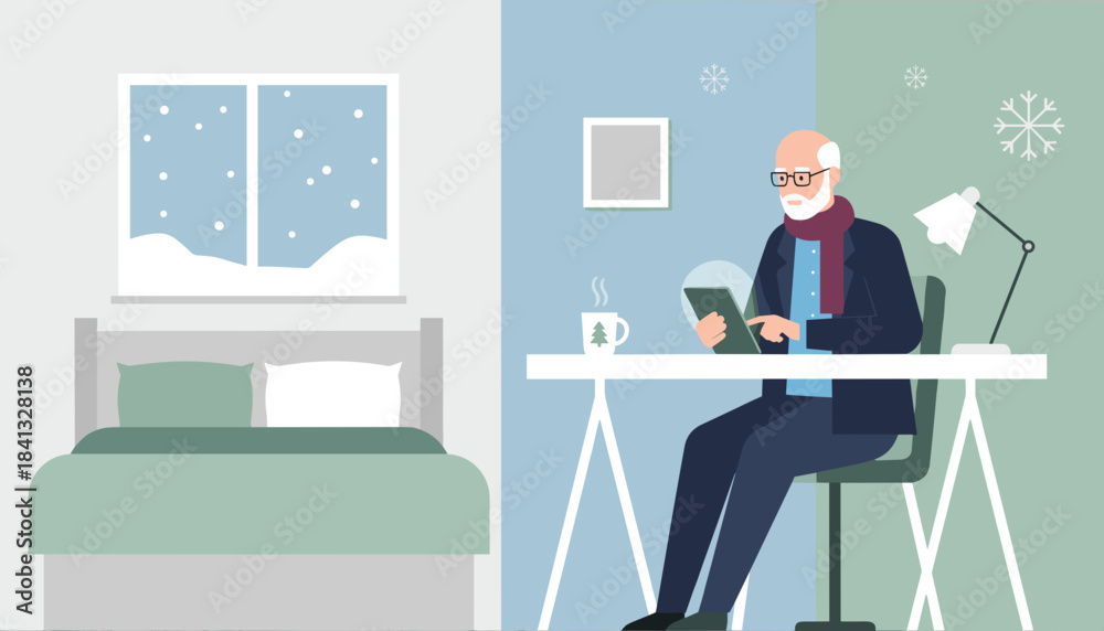 Fototapeta premium Senior man using a tablet at a desk inside a cozy home while it snows outside Winter work or leisure