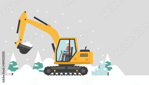 Yellow excavator operated by a worker clearing snow in a winter construction site