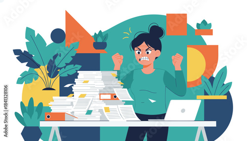 Angry stressed woman overwhelmed by huge pile of paperwork and workload Professional burnout illustration