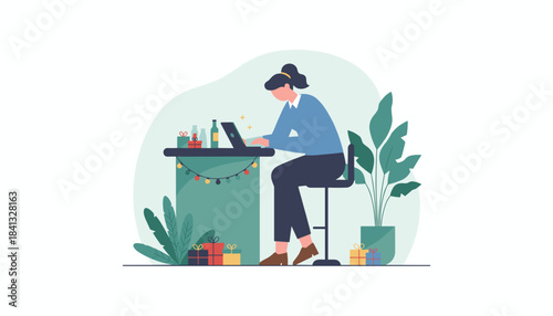 Remote work during holidays woman uses laptop at decorated counter with gifts and plants