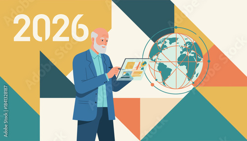 Senior business leader uses technology for global planning and strategic forecasting in 2026
