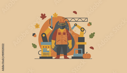 Fall industry concept welder robotic arms autumn leaves and factory setting