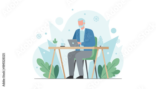 Senior man working remotely on laptop in a cozy winter or holiday virtual office