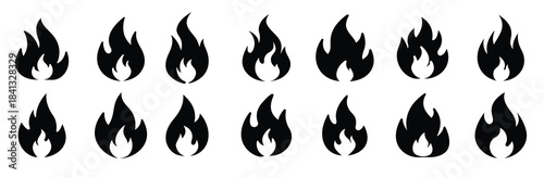 Fire Flame Silhouette Icons - Black Burning Symbol Vector Set