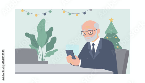 Senior man in suit using smartphone at a holiday decorated office desk Business stress during Christmas