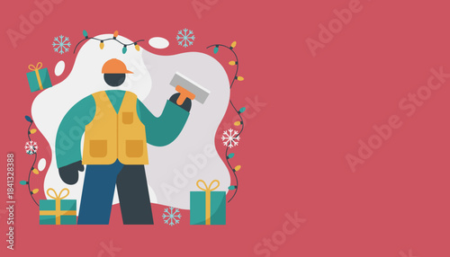 Seasonal industry service Worker in vest with gifts and festive string lights