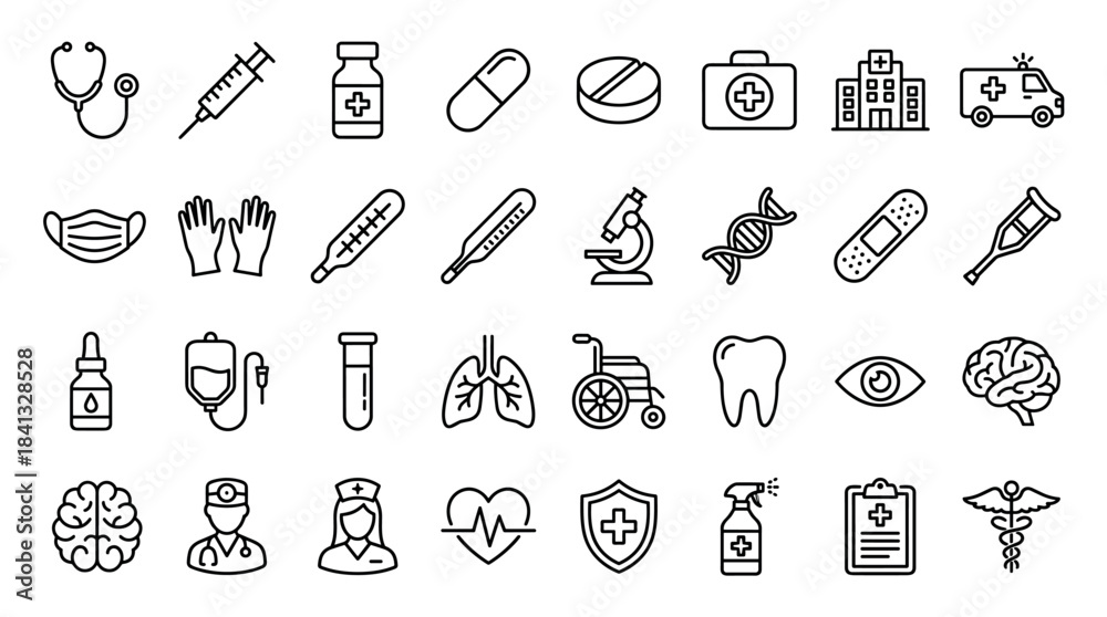 Fototapeta premium Medical and healthcare thin line icon set with various symbols for hospital, clinic, and emergency services, including a doctor, nurse, pills, and a first aid kit