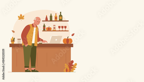 Elderly man works on laptop at home bar counter reflecting worry during autumn