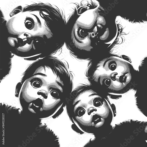 babies with wide eyes and open mouths, staring downward in amazement and curiosity sketch engraving generative ai fictional character vector illustration. Scratch board imitation. Black and white.