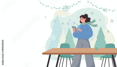 Excited woman chats online with a digital tablet during the winter holiday season