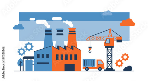 Flat vector illustration of factory crane and truck symbolizing industry and manufacturing