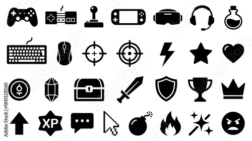 Large collection of black video game icons and symbols representing gaming hardware, interface elements, achievements, and fantasy items in a clean flat glyph style