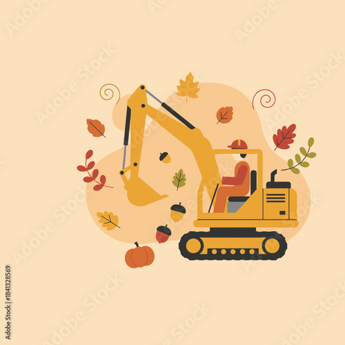Excavator worker surrounded by colorful fall leaves and autumn harvest elements Seasonal construction illustration