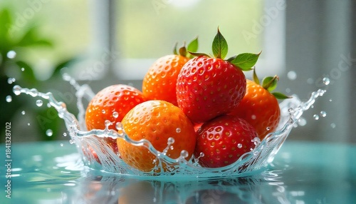 Fresh strawberries and oranges splashing into water, healthy fruit concept. AI Generative 