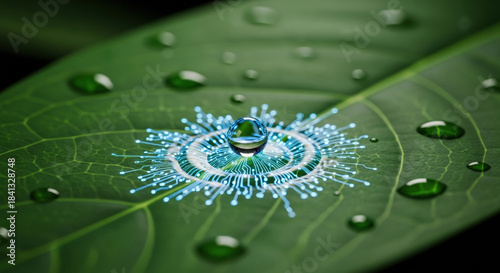 Hopeful look at future tech investment in green energy innovation. single water drop makes digital splash on fresh green leaf for sustainability progress