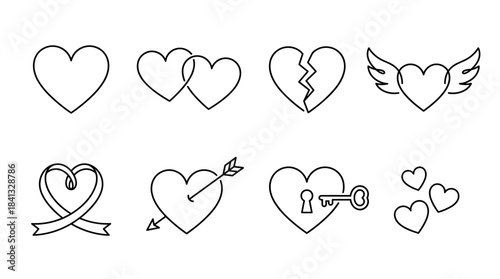 Set of eight minimalist love symbols drawn in a simple black outline style, featuring intertwined hearts, a broken heart, a heart with wings, and a key unlocking a heart