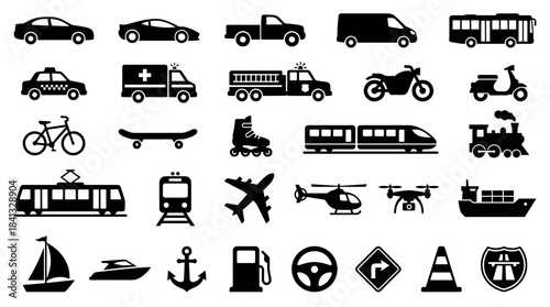 Large set of black transportation icons including cars, trucks, trains, planes, and boats in a simple, clean silhouette style representing land, air, and sea travel
