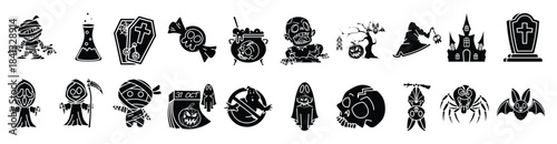 Halloween icon set. including pumpkins, ghosts, witches, mummy, zombie, castle, bats and cauldrons. Editable solid icon. Vector illustration