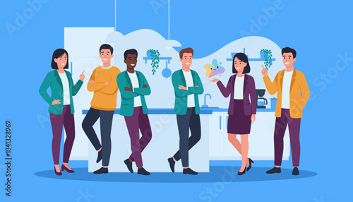 Diverse corporate team sharing creative ideas in the breakroom Teamwork and innovation concept