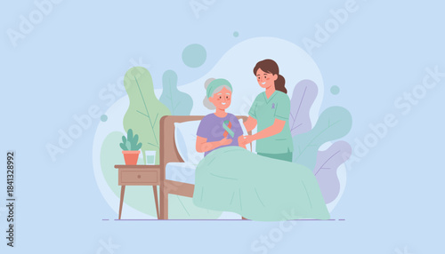Caring nurse assists senior patient in bed Longterm care wellness and medical support illustration