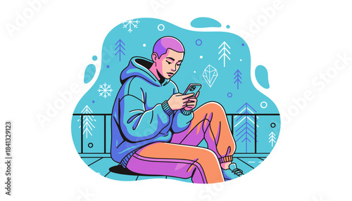 Stylish youth texting outdoors in winter Technology connectivity and modern lifestyle vector