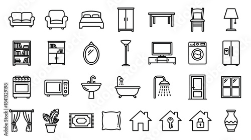 Large set of black line icons representing home furniture, appliances, and household decor items in a clean, minimalist outline style for interior design or real estate concepts