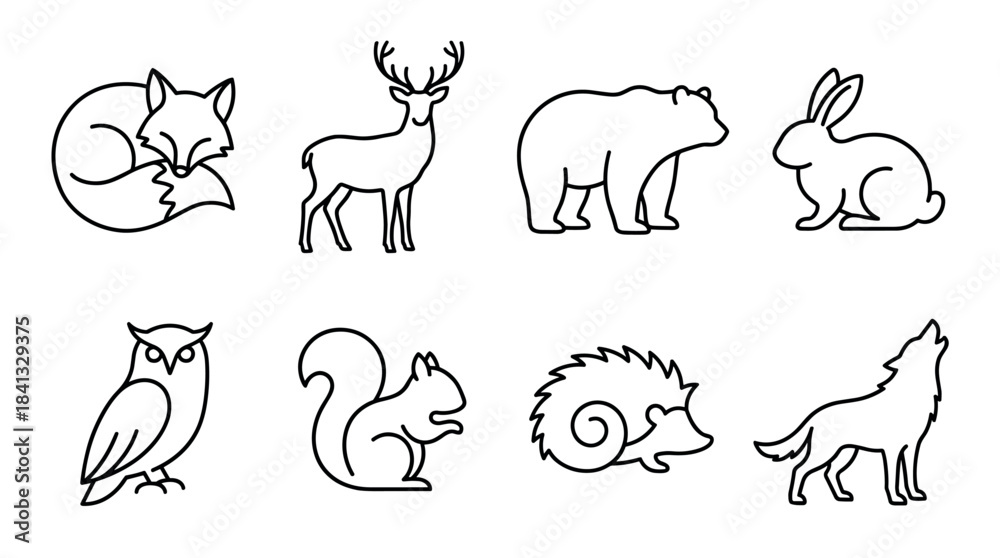 Fototapeta premium Set of forest animal line icons featuring a fox, deer, bear, rabbit, owl, squirrel, hedgehog, and wolf in a minimalist black and white outline vector graphic style